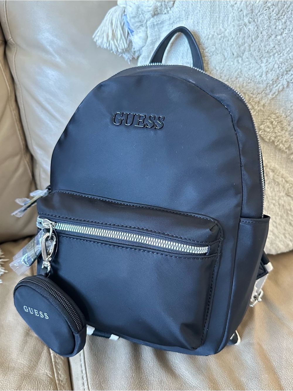 GUESS Black Nylon Medium Backpack with Coin Pouch and Front Zip